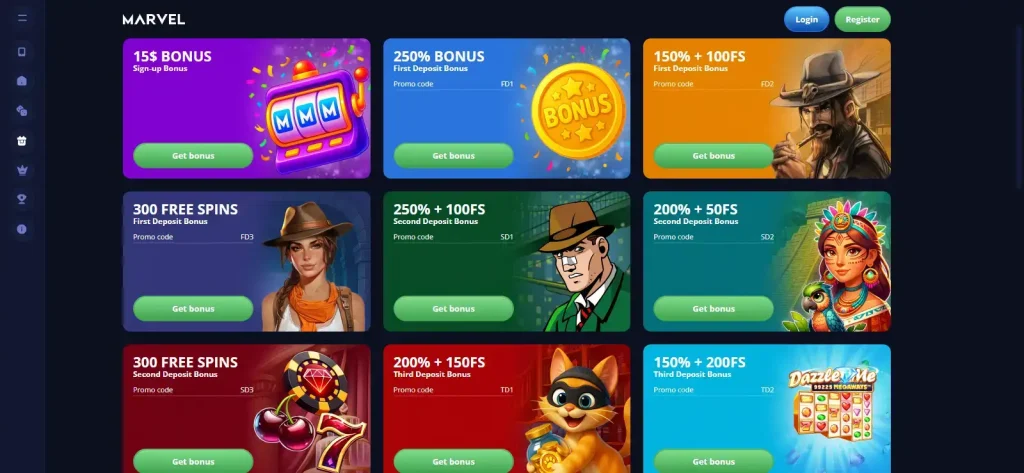 Current Marvel Casino bonuses page showing published offer cards