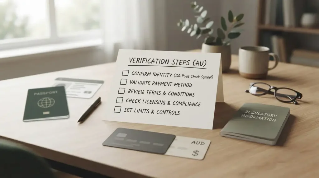 Editorial checklist with identity documents, payment details, AUD notes and verification tick boxes