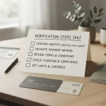 Editorial checklist with identity documents, payment details, AUD notes and verification tick boxes