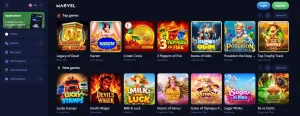 Marvel Casino game lobby with category navigation and provider filters