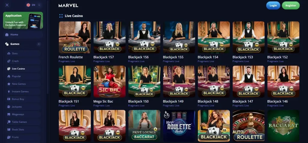 Marvel Casino live casino lobby showing streamed dealer tables