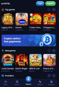 Marvel Casino mobile website shown in a smartphone browser