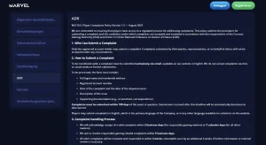 Marvel Casino official complaints policy showing complaint categories and ADR escalation