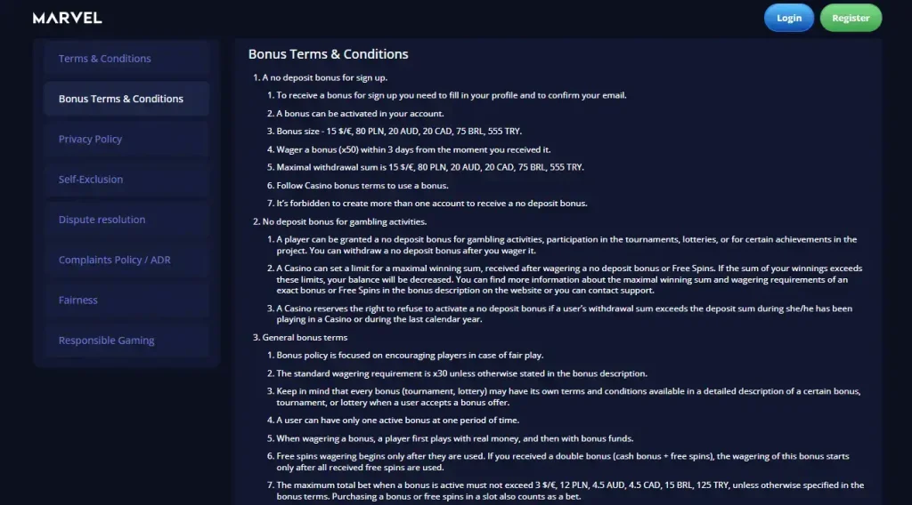 Marvel Casino official no-deposit sign-up bonus terms showing AUD values