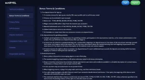 Marvel Casino official no-deposit sign-up bonus terms showing AUD values