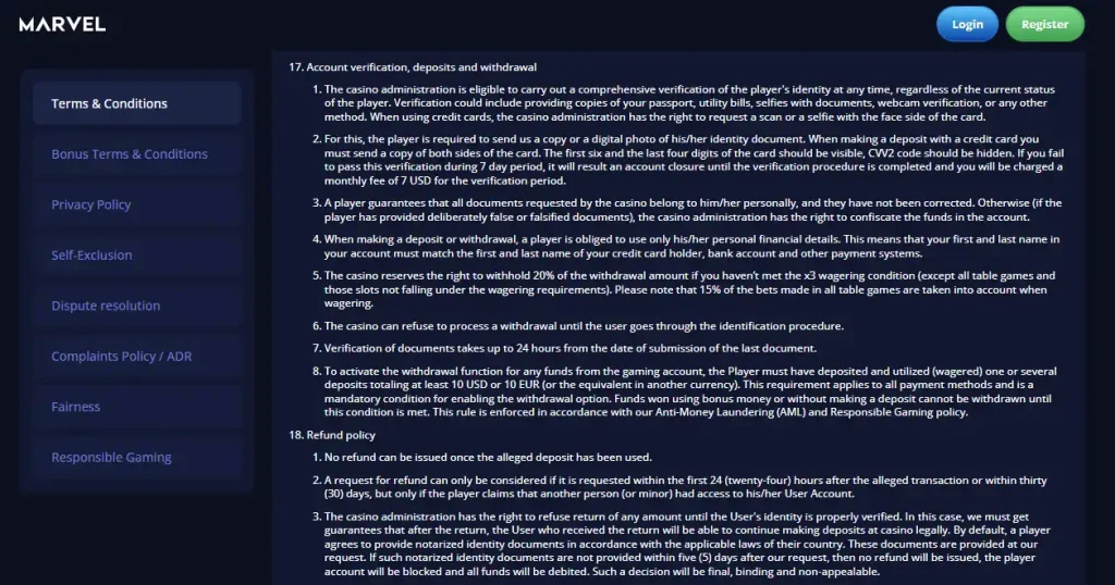 Marvel Casino official terms showing account verification requirements
