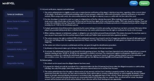 Marvel Casino official terms showing account verification requirements
