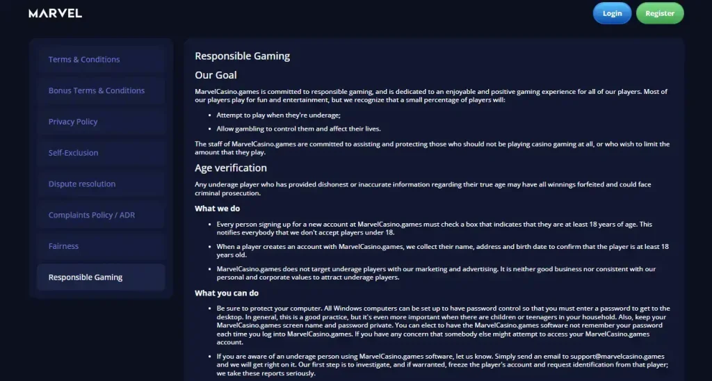 Marvel Casino responsible gaming and self-exclusion policy page